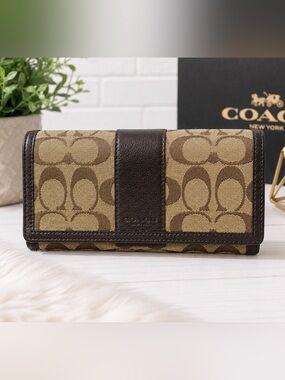 Coach F76580 Signature Canvas Long Wallet Brown Black Snap